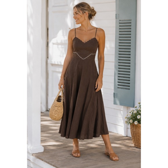 Caroline Constas Dresses & Skirts - Tuckernuck Caroline Constas Scallop Linen Maxi Dress Chocolate Brown Medium NWT